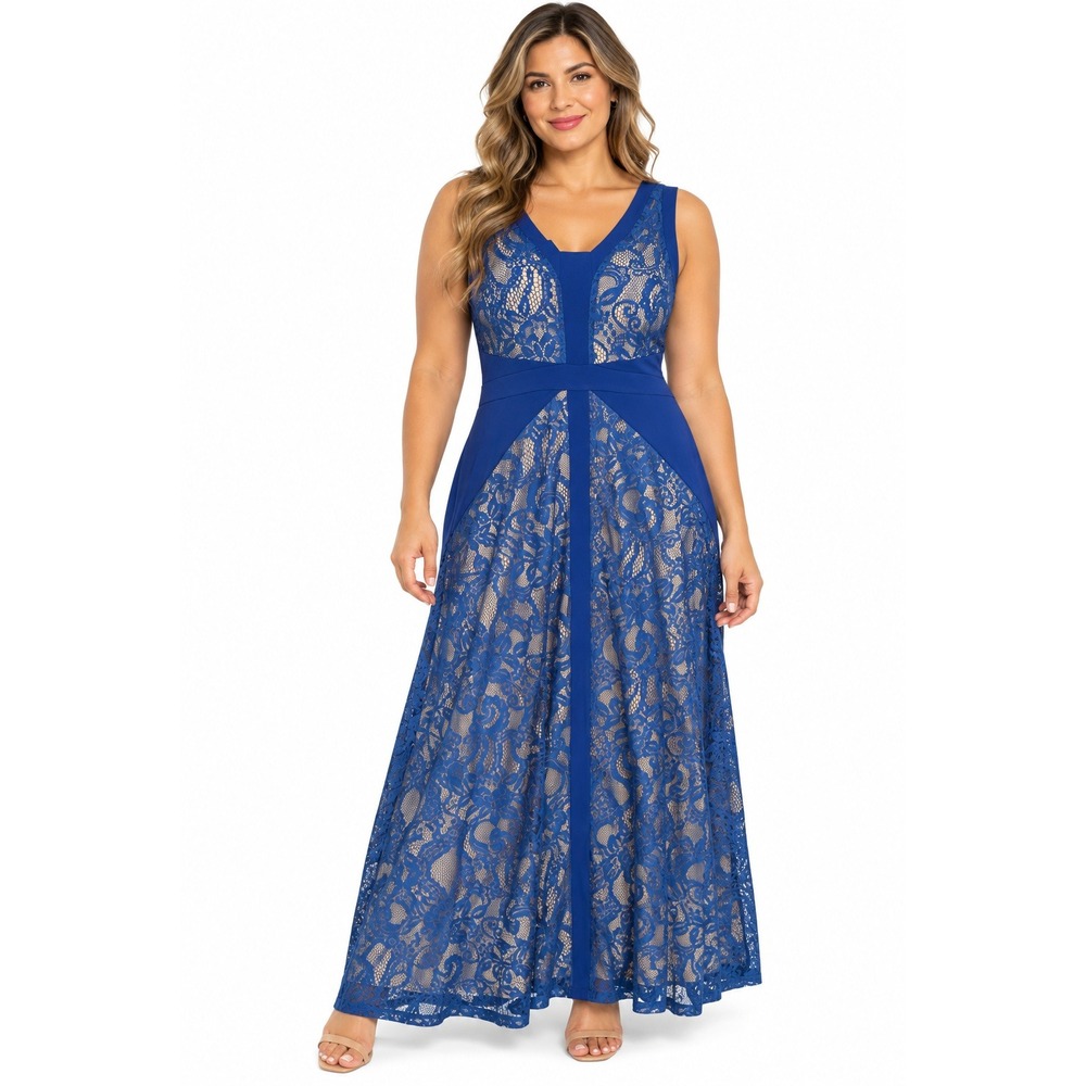 Candalite Lace Sleeveless Dress PL Royal Blue Nude Formal Wedding Guest Maxi New